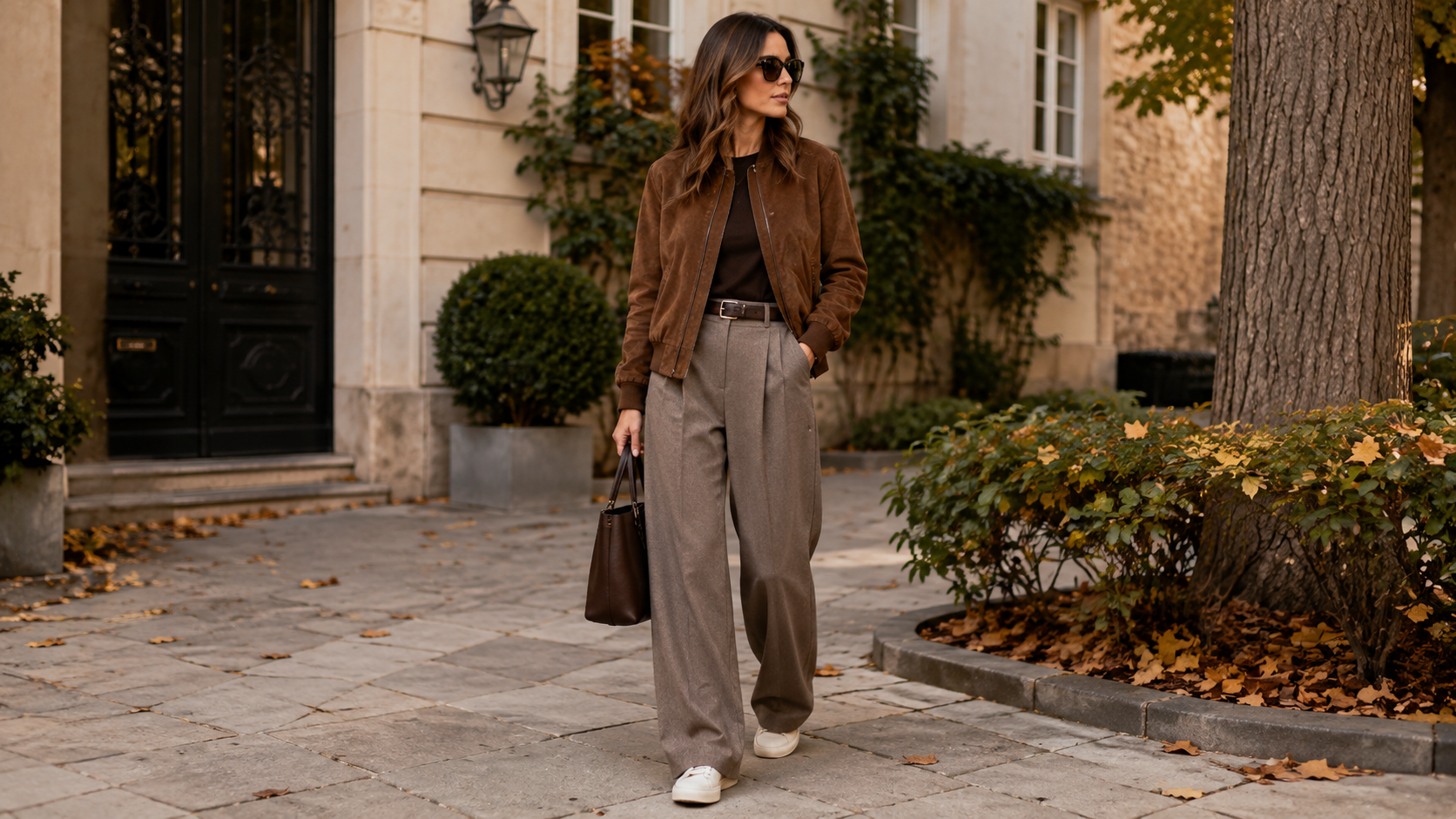 Suede Bomber Jacket with Fluid Wide-Leg Trousers and Sleek Sneakers Fall Outfit
